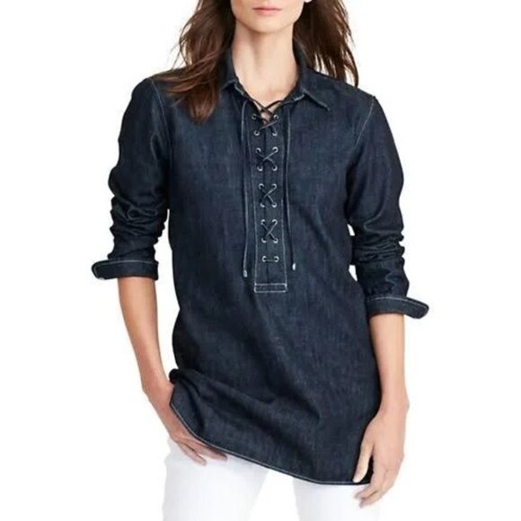 Lauren Ralph Lauren Tops - Lauren Ralph Lauren Denim Lace-Up Tunic Shirt XS 100% Cotton Long Sleeve…